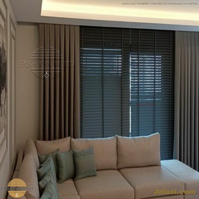 ahşap jaluzi perde fon perde panel perde klasik modern tarz kanat perde dekorasyonu wood blinds with valances drapery (15)