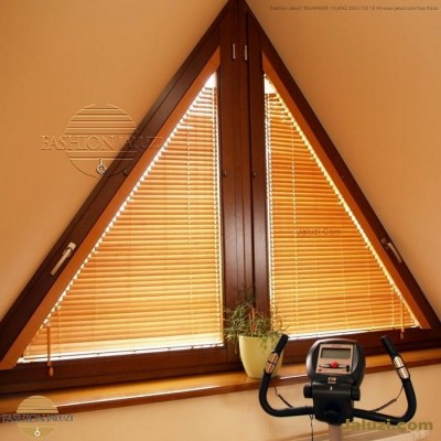 jaluzi perde eğimli meyilli üçgen yamuk şekilsiz alttan eğik formsuz üstten açılı açı shaped venetian blinds ahşap jaluzi perde (27)
