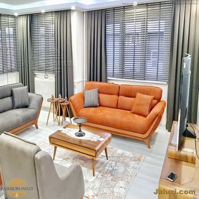 jaluzi ve fon perde kumaş perde ahşap jaluziler ve kanat fon drape eprdeler wood venetain blinds with drapery swag valance (11)