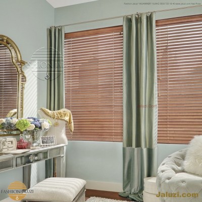 ahşap jaluzi perde fon perde panel perde klasik modern tarz kanat perde dekorasyonu wood blinds with valances drapery (20)
